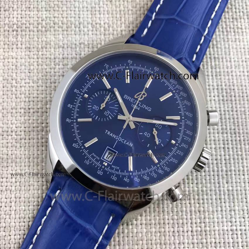 Breitling Transocean Blue Dial Blue Leather Strap Watch Copy